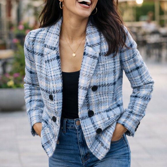 Jones New York Jackets & Blazers - Jones New York Plaid Tweed Blazer NWT Petite Small Blue Jacket Open Front